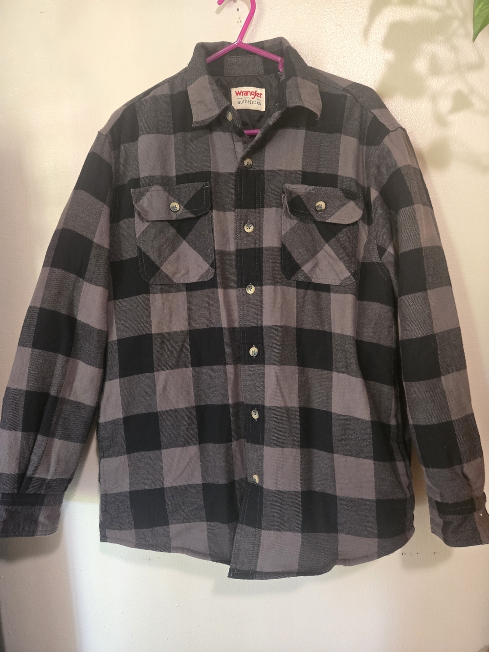 Wrangler Authentics Insulated Black & Gray Plaid Flannel Button Up Shacket